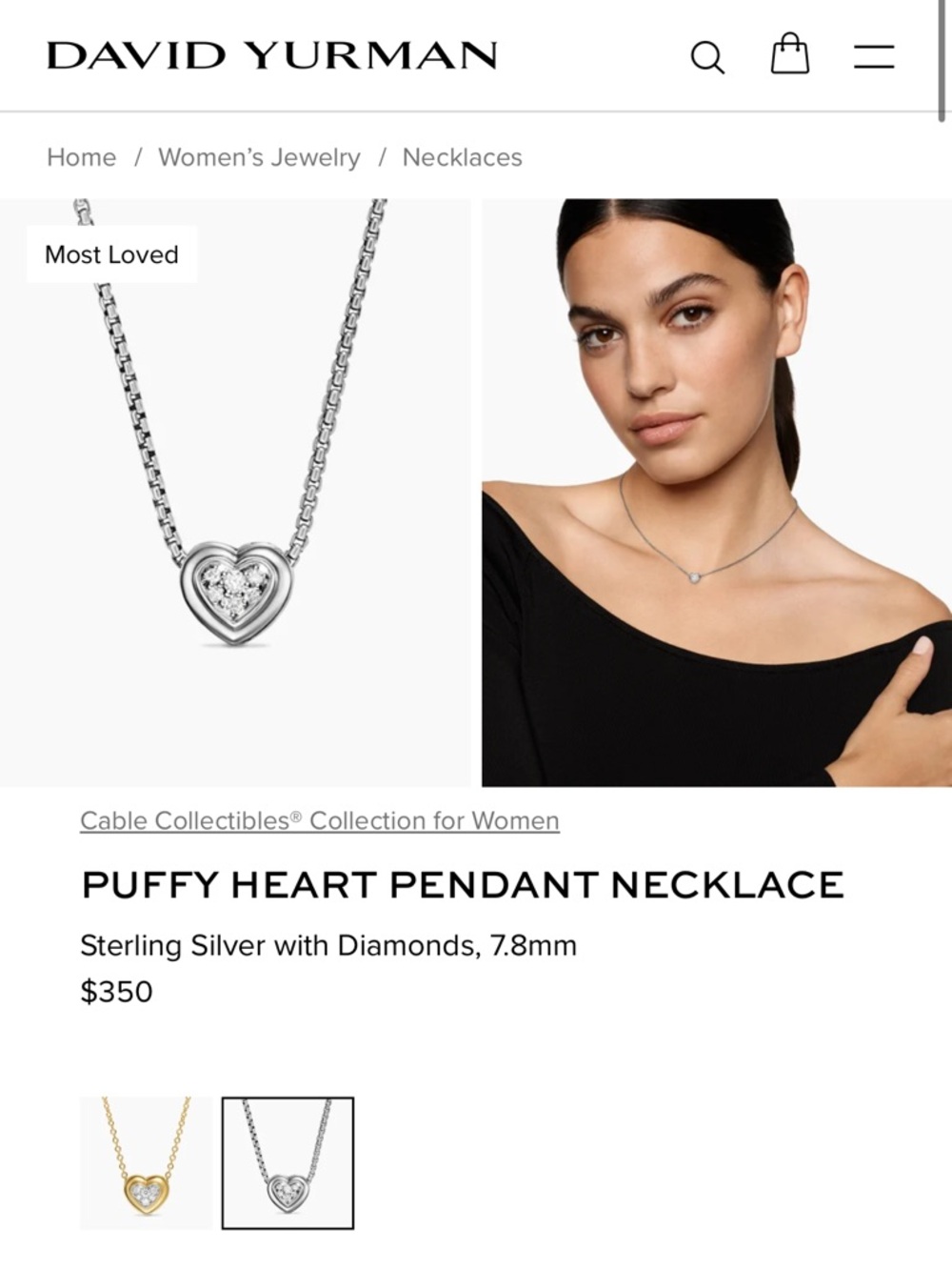 David Yurman Puffy Heart Pendant Necklace